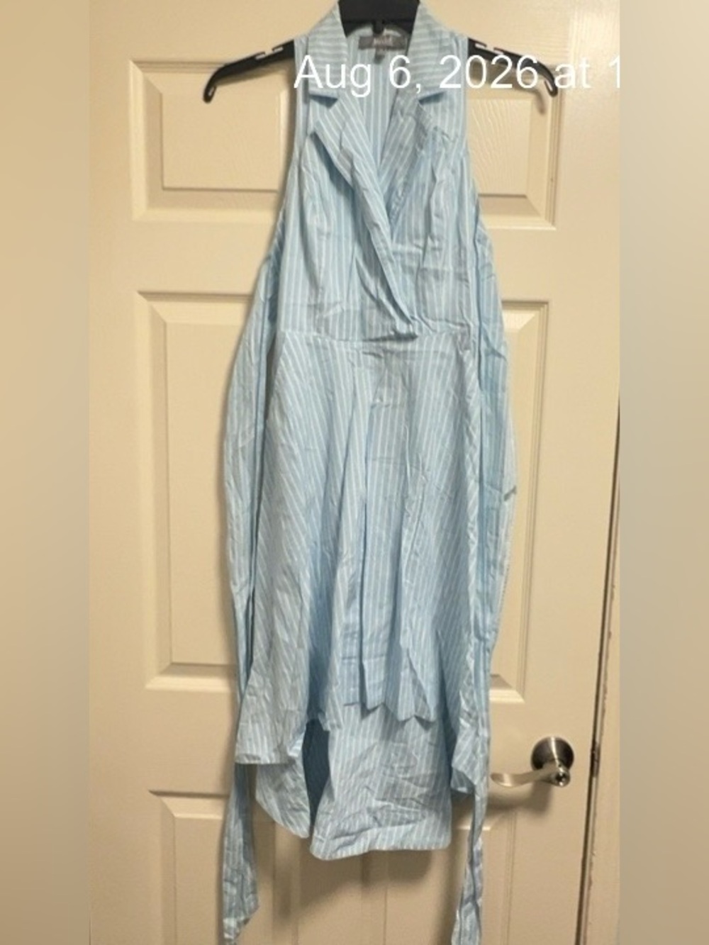 Marled Light Blue & White Striped Tie-Waist High-Low Dress (Bin 5-034)
